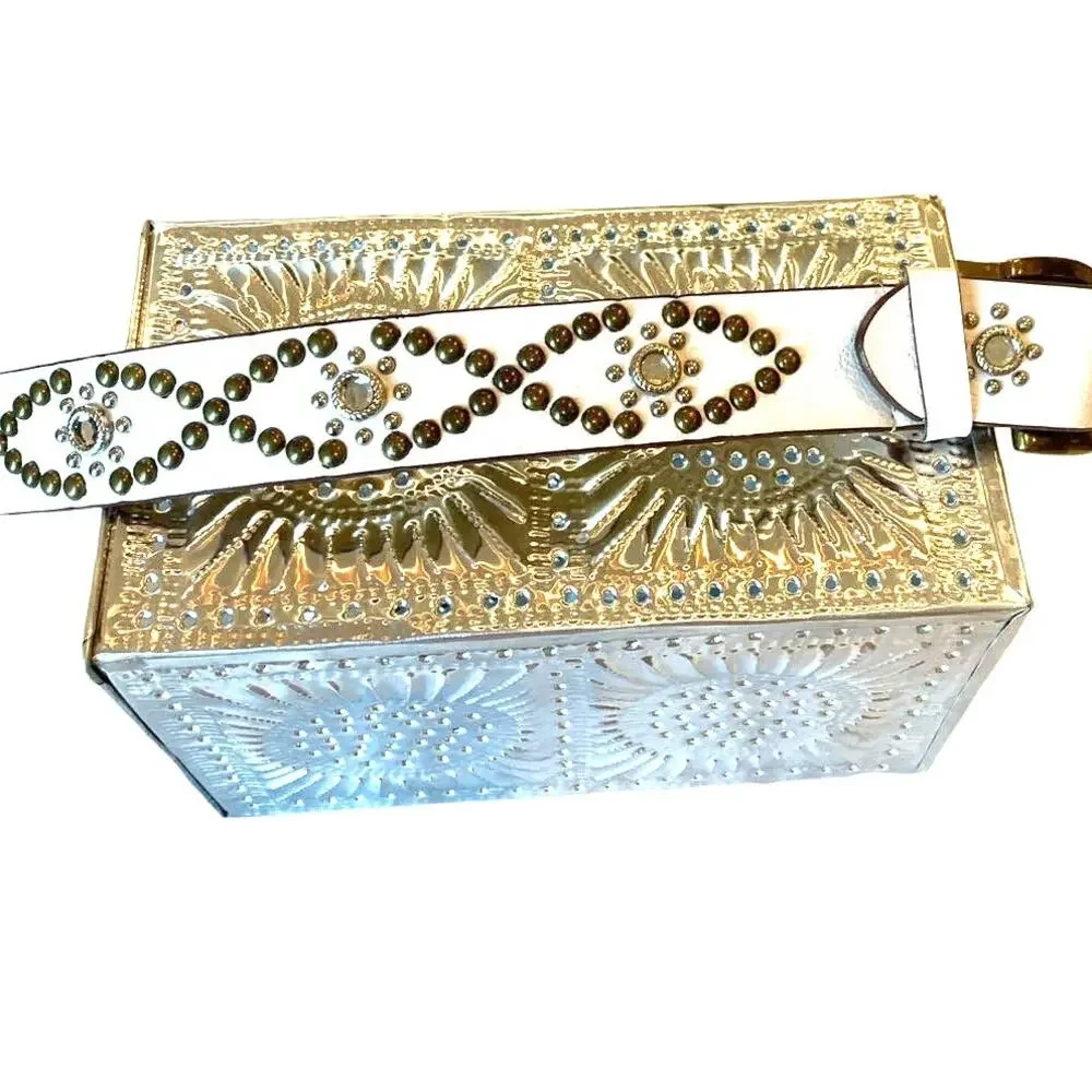 Womens White Studded Belt Faux Leather Rhinestone Stars Glamorous Cowgirl Flaw